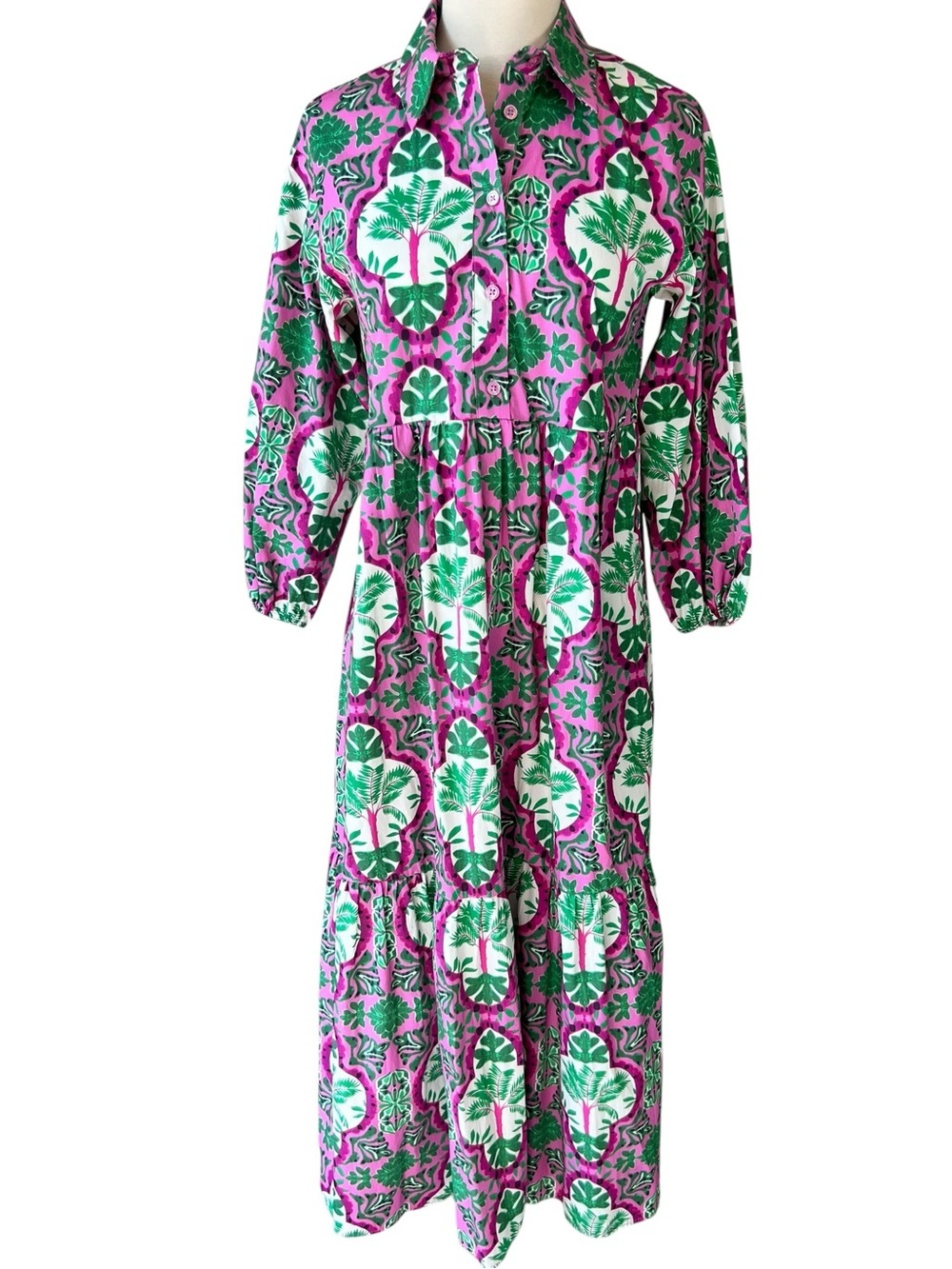 Anthropologie Maeve M Bettina Tiered Shirt Dress Purple Green Boho